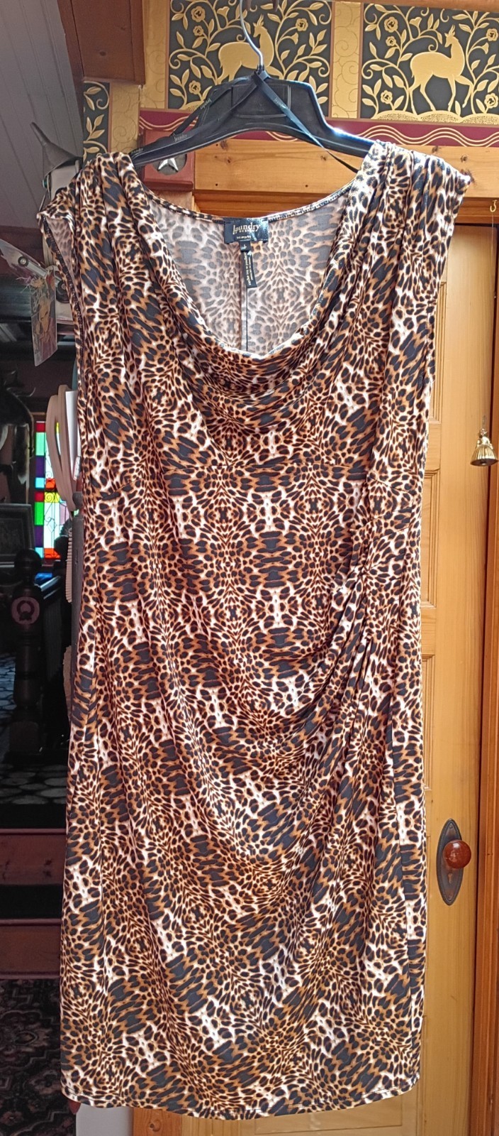 Laundry by Design Leopard Animal Print Sheath Dress L Sleeveless Knit Stretch