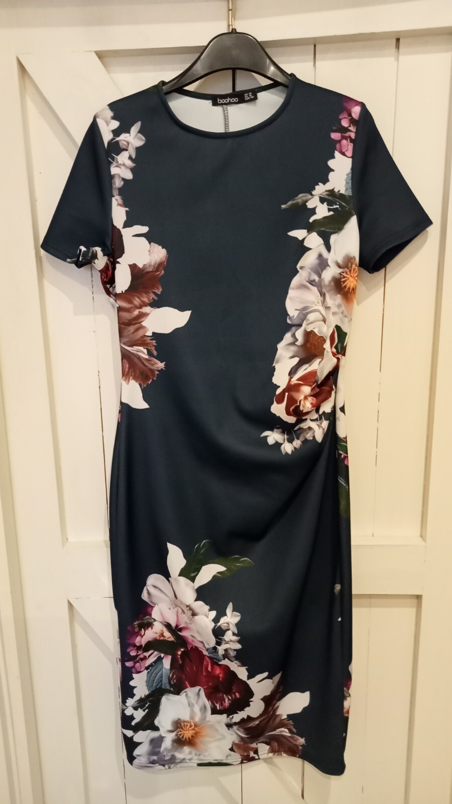 Boohoo Ladies Teal/Multi Mix Floral Stretch Short Sleeved Pencil Dress⭐Size 14