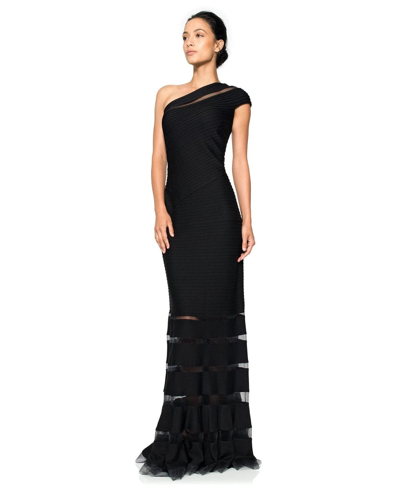 Tadashi Shoji Women’s Black Pintuck Jersey One Shoulder Gown PL Petites Large