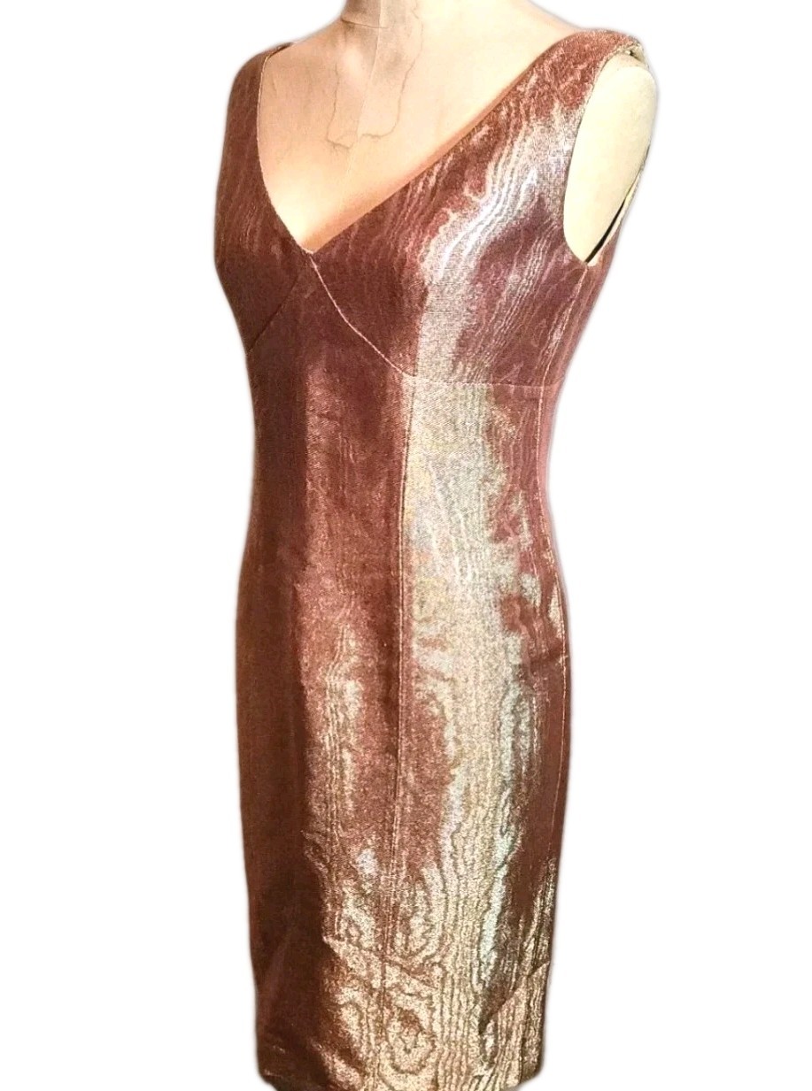 $1790 Escada V-Neck Cocktail Midi Dress Gold Copper US XS EU 34 Luxury Event