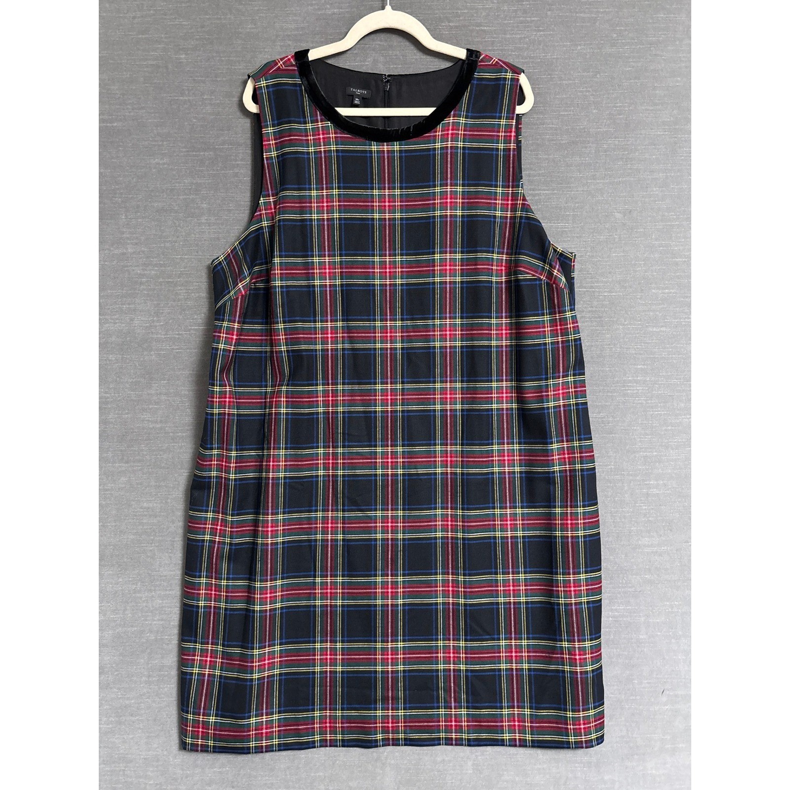 Talbots Dress 18W Plus Plaid Wool Sheath Shift Holiday Christmas Velvet Trim