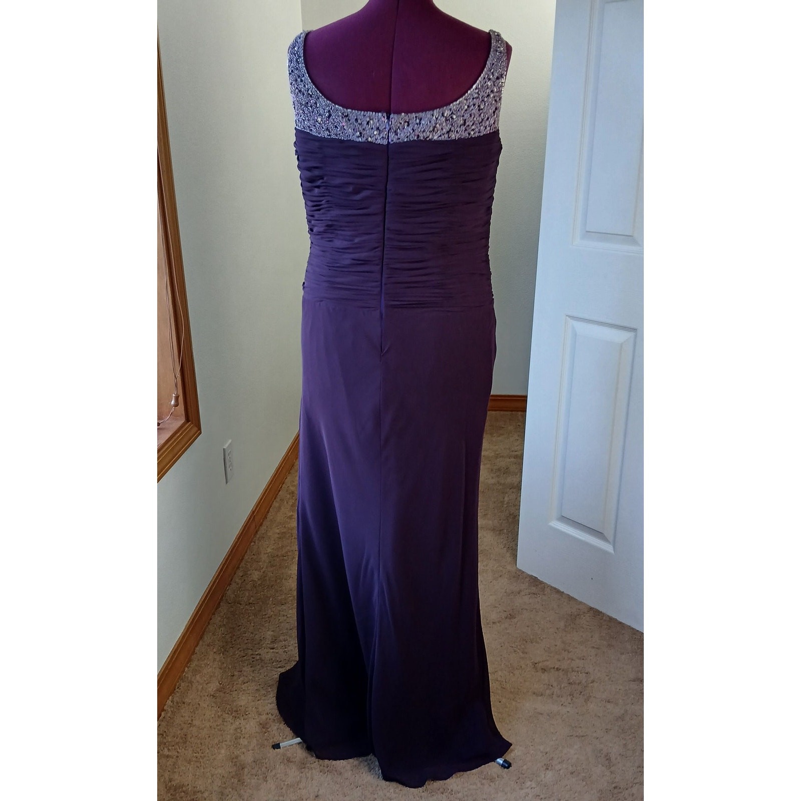 La Perle Aubergine Beaded Sweetheart Maxi Gown 16 slight train leg slit formal