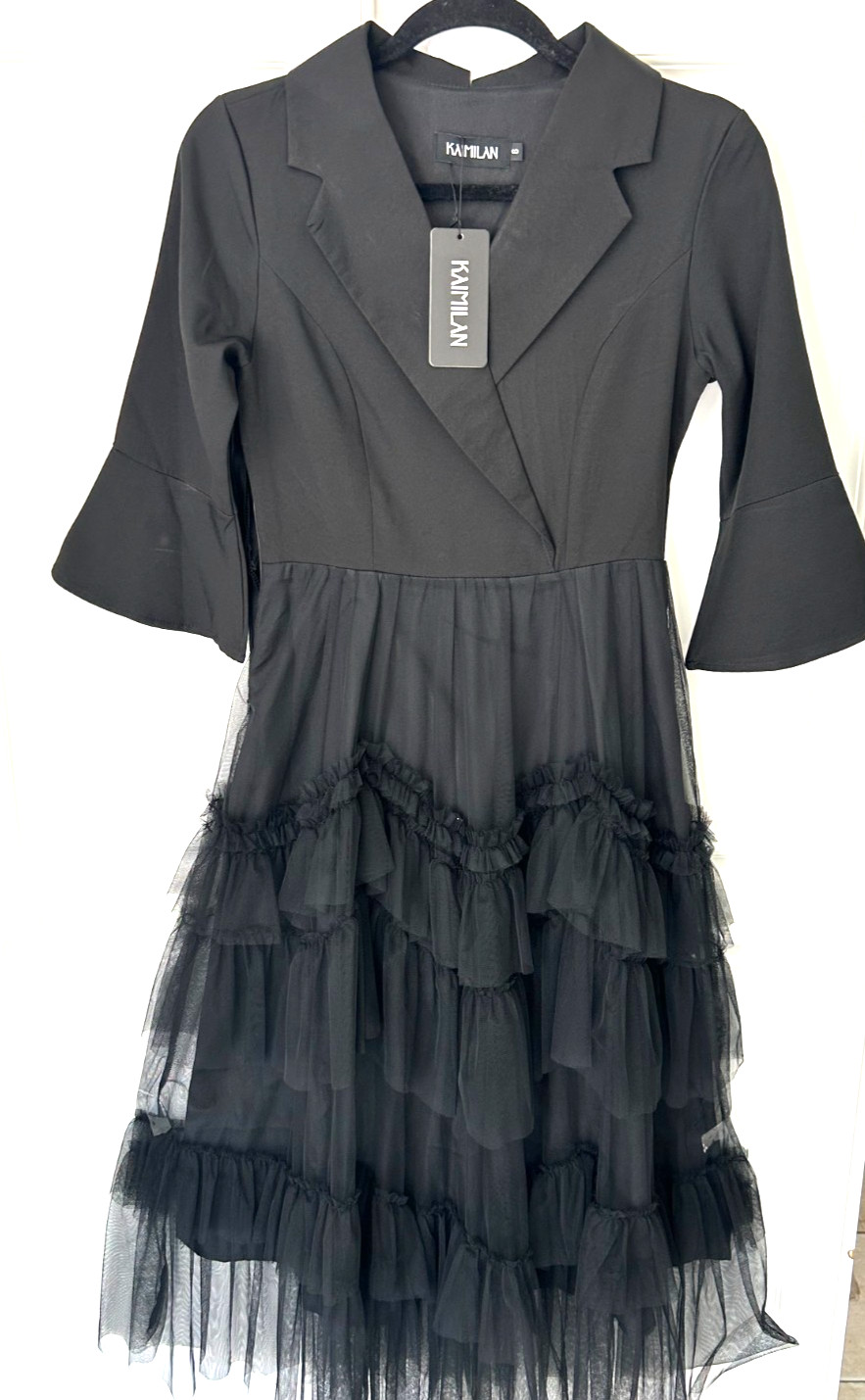 NWT GORGEOUS KAIMILAN BLACK LACE TIERED 3/4 SLEEVES EVENING DRESS,SZ:6