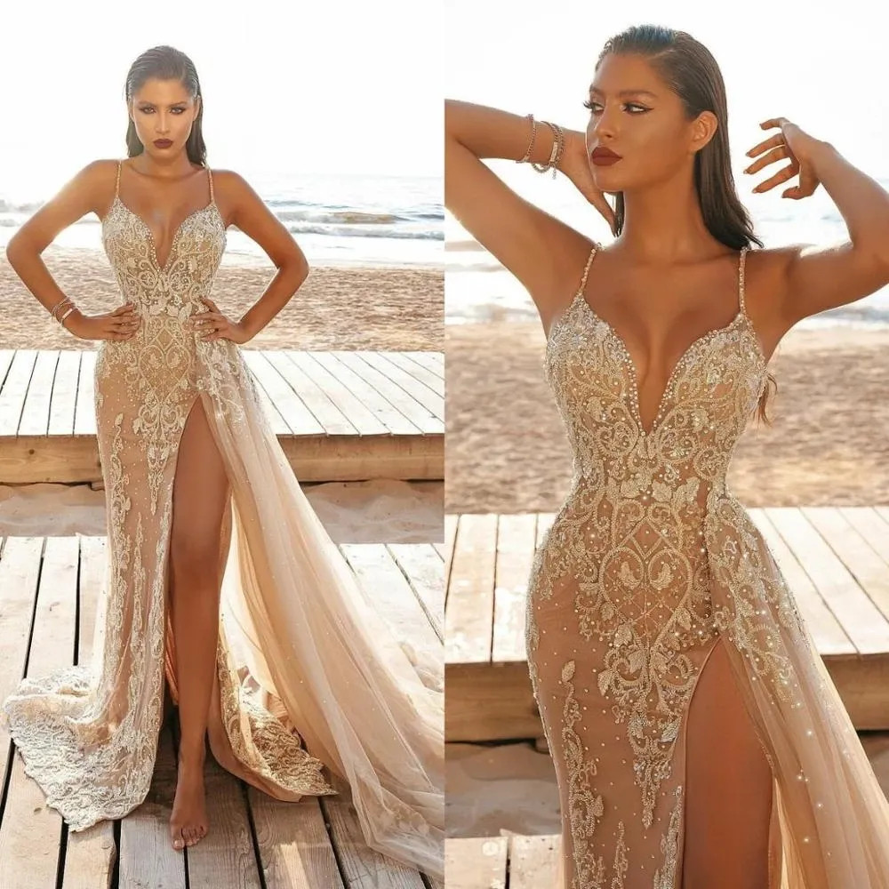 Champagne Mermaid High Fork Ball Dress Lace Beads Tulle Layered Evening Gown