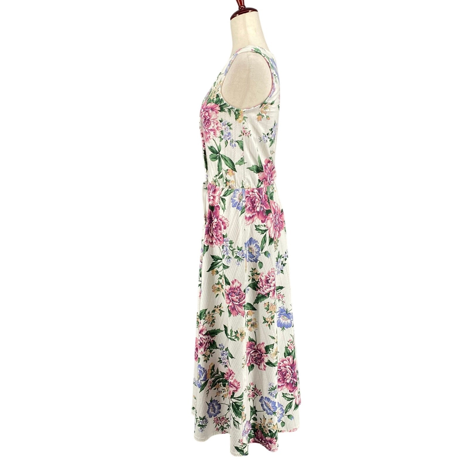 Vtg Bohemian Romantic Floral Coquette Button Down Midi Dress 8 White Pink