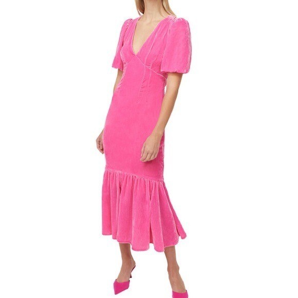 $565 NWT Rhode Pink Ester V-Neck Puff Sleeve Velvet Dress in Jaipur #2 Sz 2