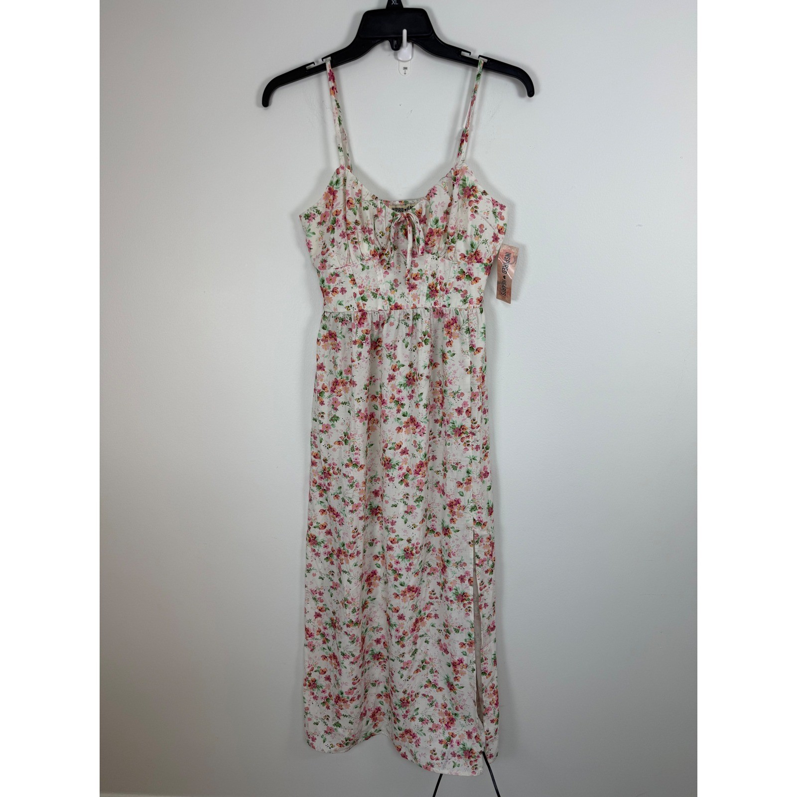 Inspired Hearts Floral Midi Dress Small Pink Cream Slit Tie Front NWT