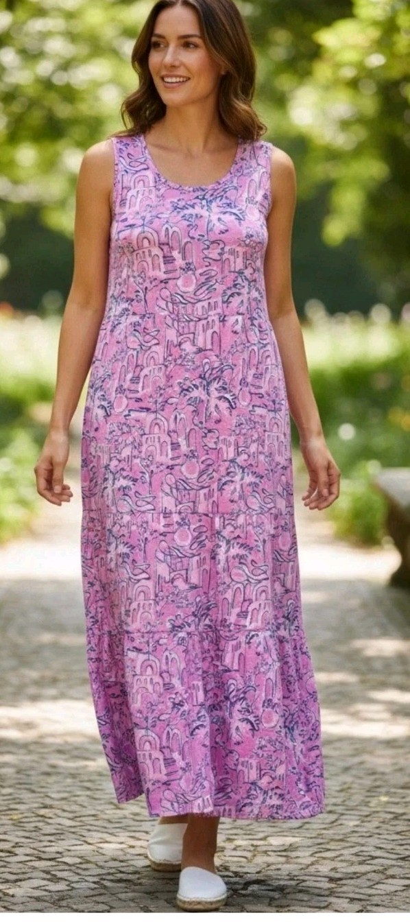 Sleeveless Tiered Maxi Dress Pink Blue Abstract Print Summer d&Co Beach 1XL