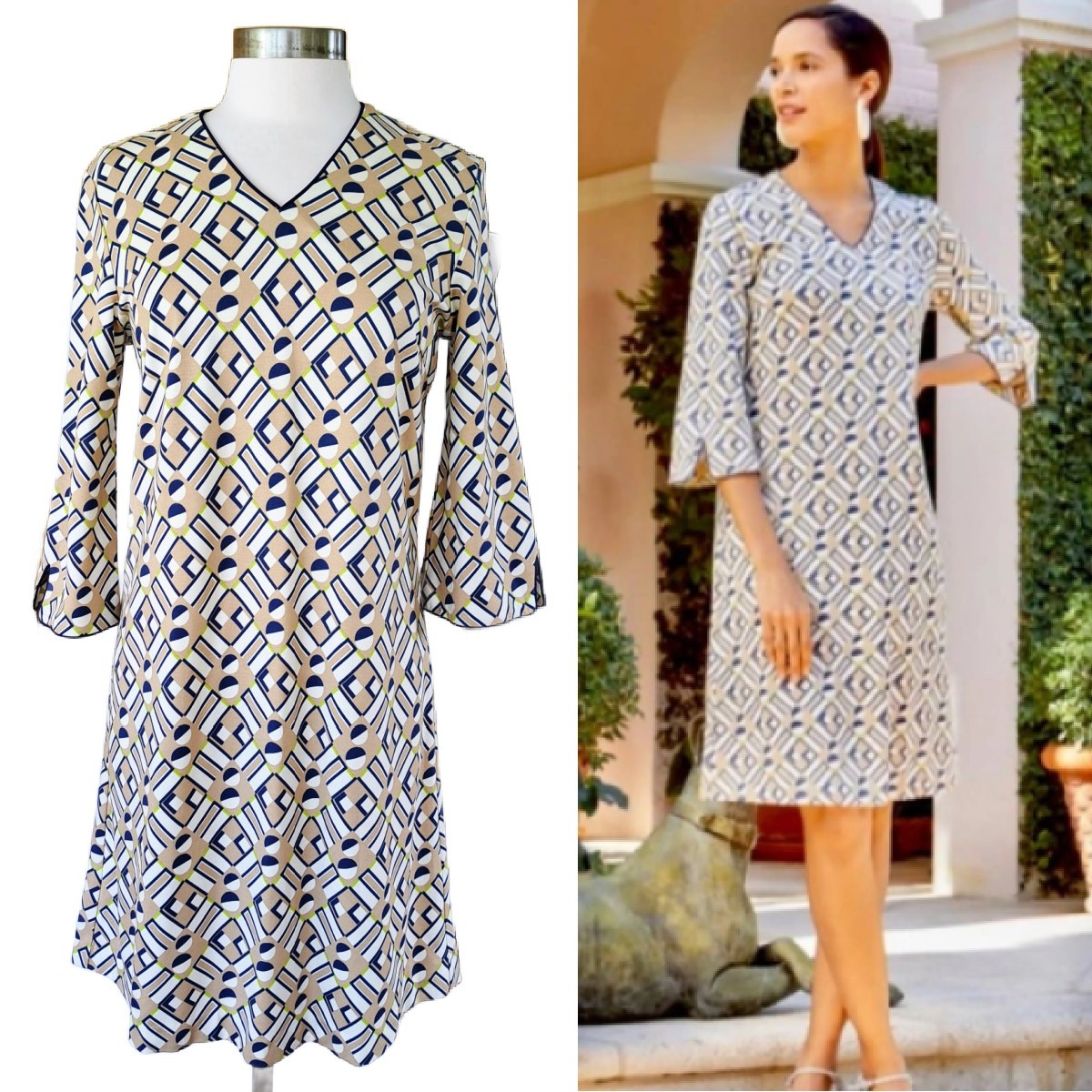 J .McLaughlin Judith Dress in Kaleidoscope Geometric Print Small Tan Blue Lime