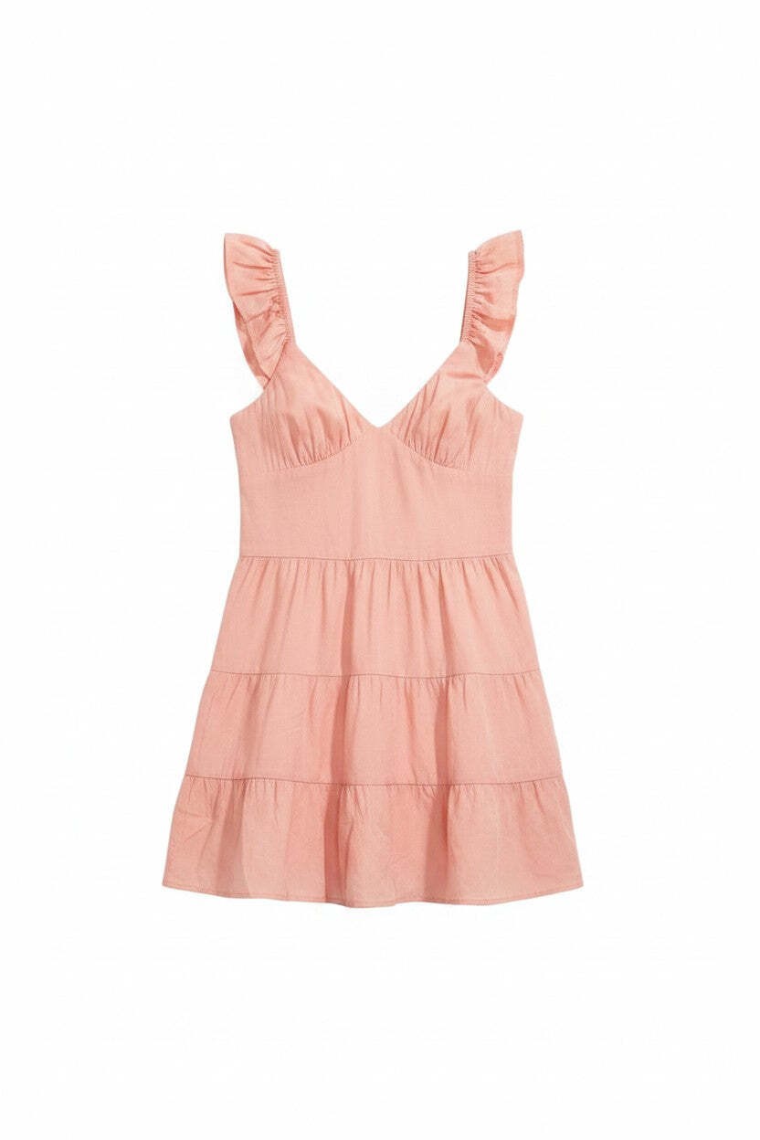 Women’s Sleeveless Ruffle Strap Tiered Mini Dress in Apricot