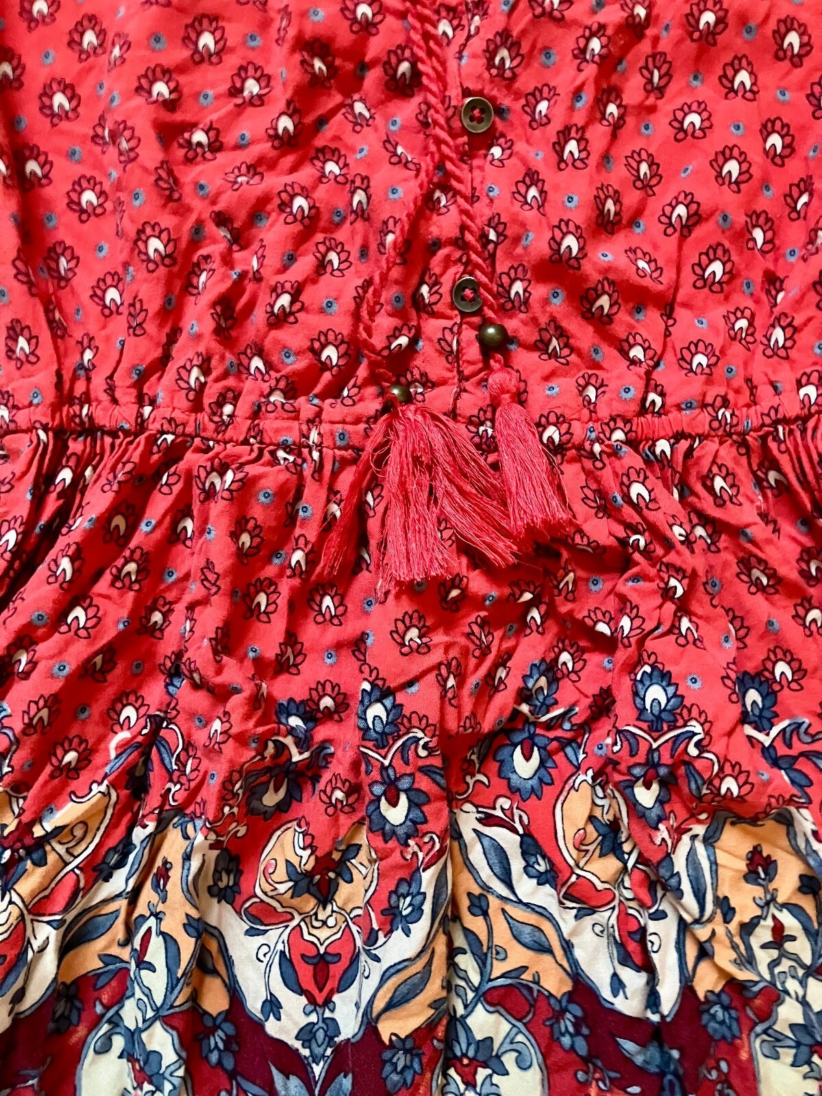 Hollister Rust Red Boho Border Print Dress Tassel Waist Long Sleeve Prairie S