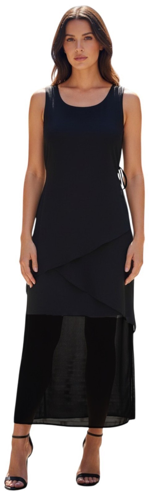 Ladies Black 3 Tier Triple Layer Chiffon Georgette Ties On Back Pencil Dress