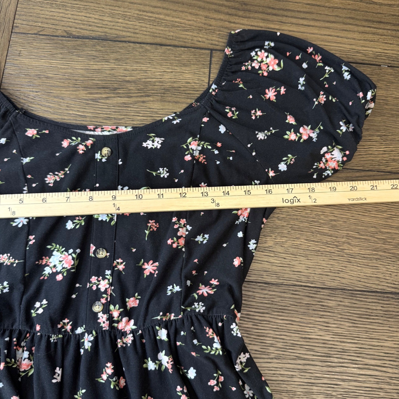 Black Floral Puff Sleeve Button Front High Low Tie Waist Dress Womens Large