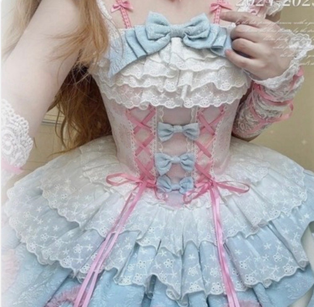 Japanese Women Lolita Ruffle Jsk Suspender Three Layers Kawaii Sweet Dress