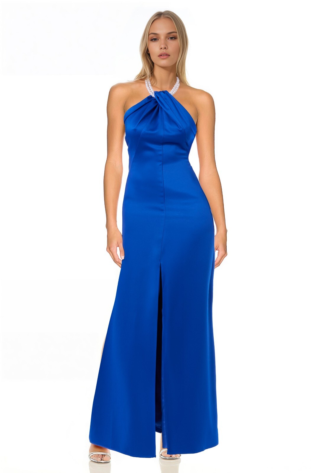 Jewel Badgley Mischka Dylan Pearl Neck Halter Gown Blue 10 Prom Bridesmaid Gala