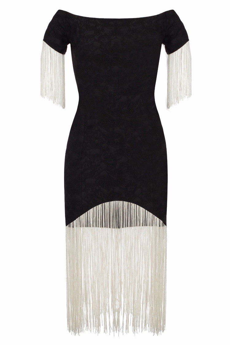 Bella Potemkina Black Off-Shoulder Fringe Bodycon Midi Dress Women’s S