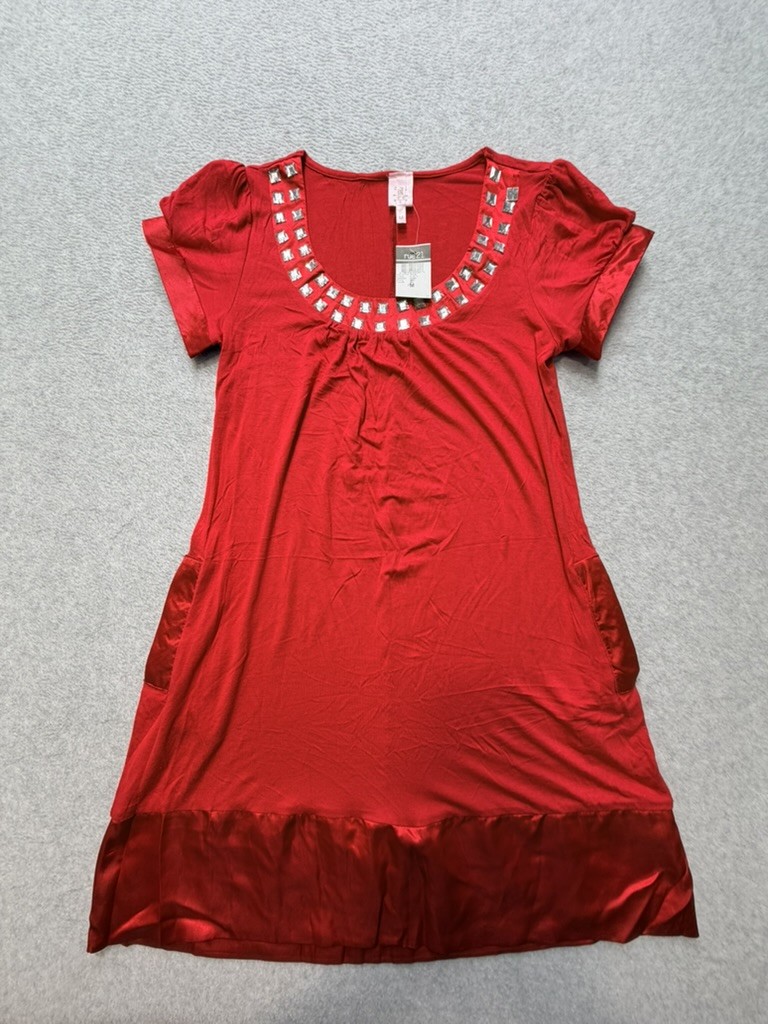 Rue21 Womens Dress M Red Embellished Neckline Puff Sleeve Pockets Satin Trim NWT