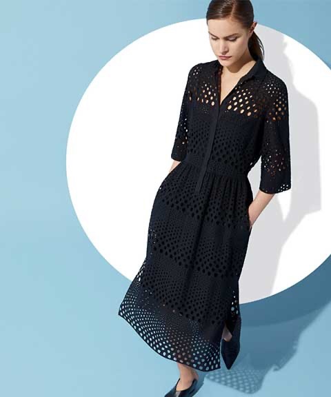 AKRIS PUNTO collareed eyelet embroidery midi dress – black – size US 2
