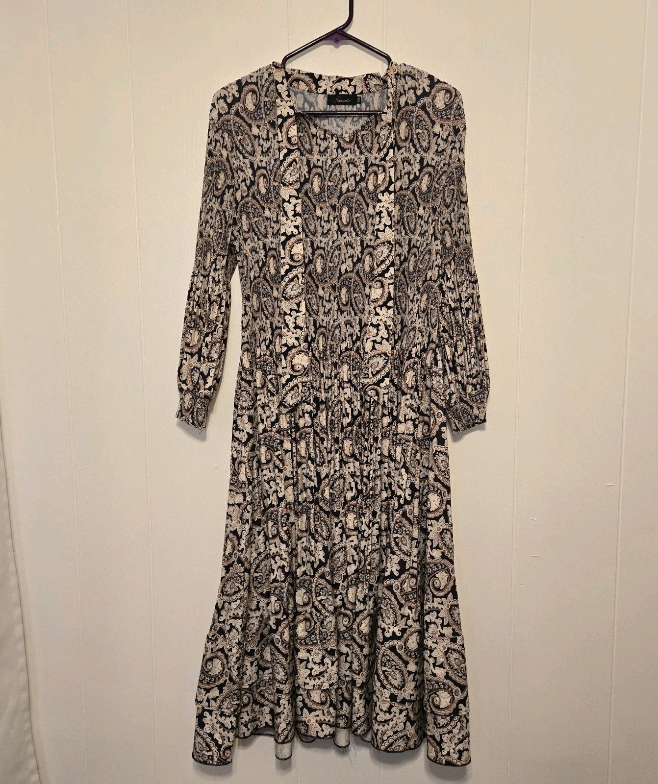N by Nancy Pleated Paisley Long Sleeve Ruffled Maxi Dress 2XL Fall Navy Brown