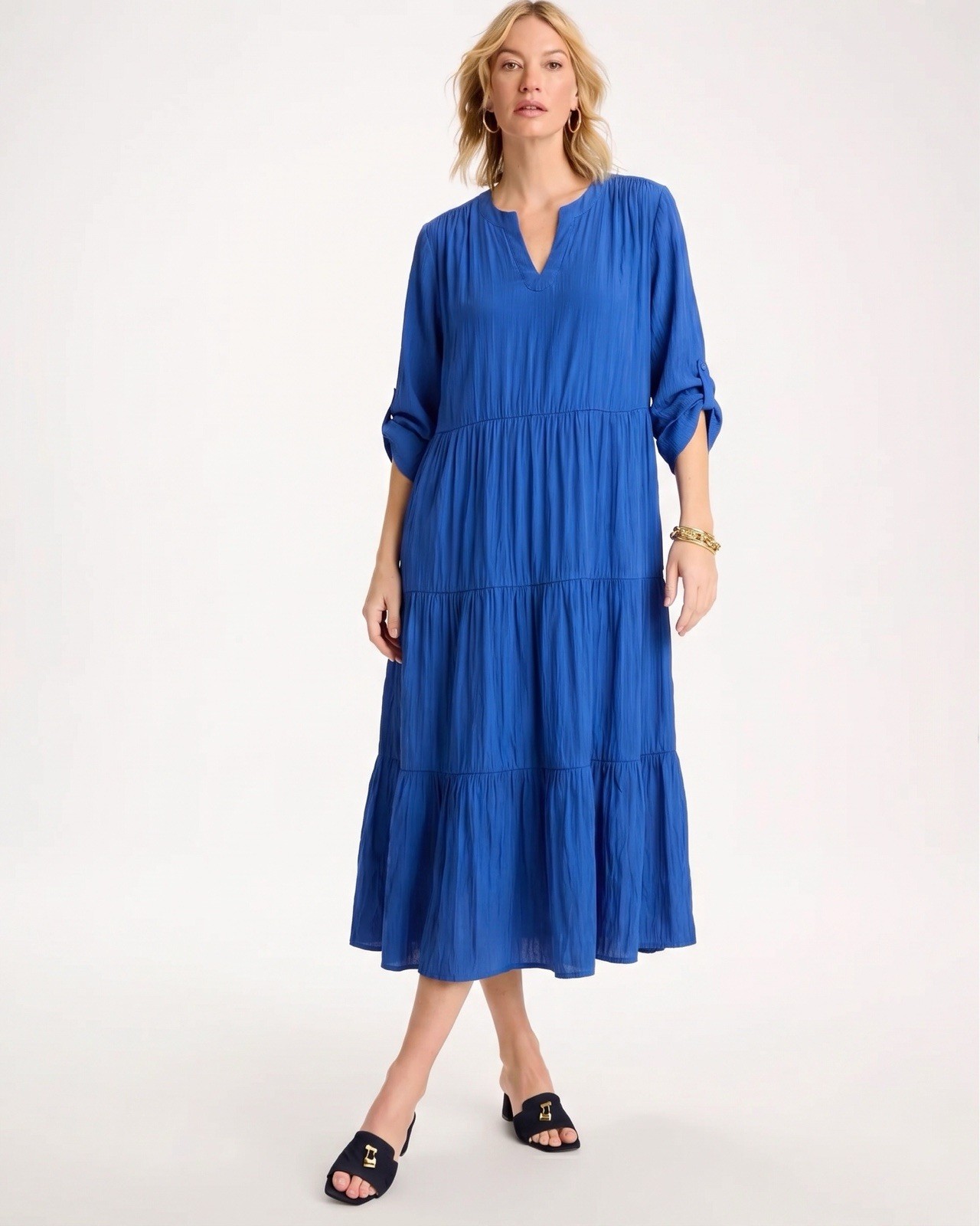 Chico’s Tiered Maxi Dress Size 3 US 16 Cobalt Blue Pockets Roll Tab Sleeve