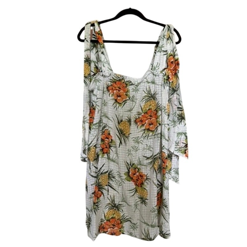 NWT ASOS tropical hibiscus and pineapple white cotton tie-strap sundress