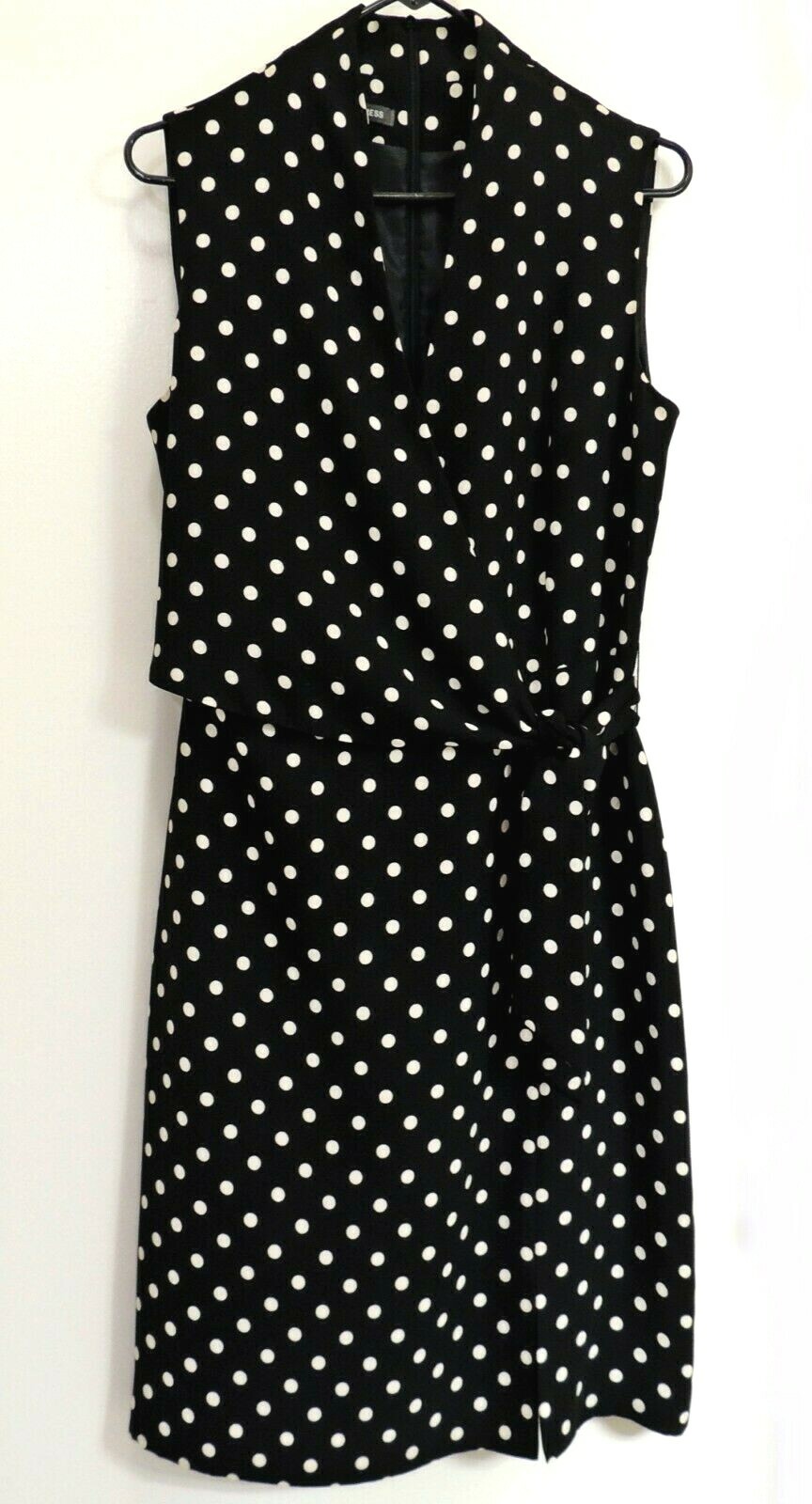 Jones Wear Dress Black Cream Polka Dot Sleeveless Dress Side Tie, Lined Size 12