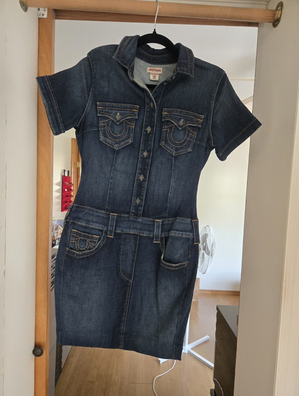 True Religion Womens S/P Blue Denim Shirt Dress Button Front Collared Pockets