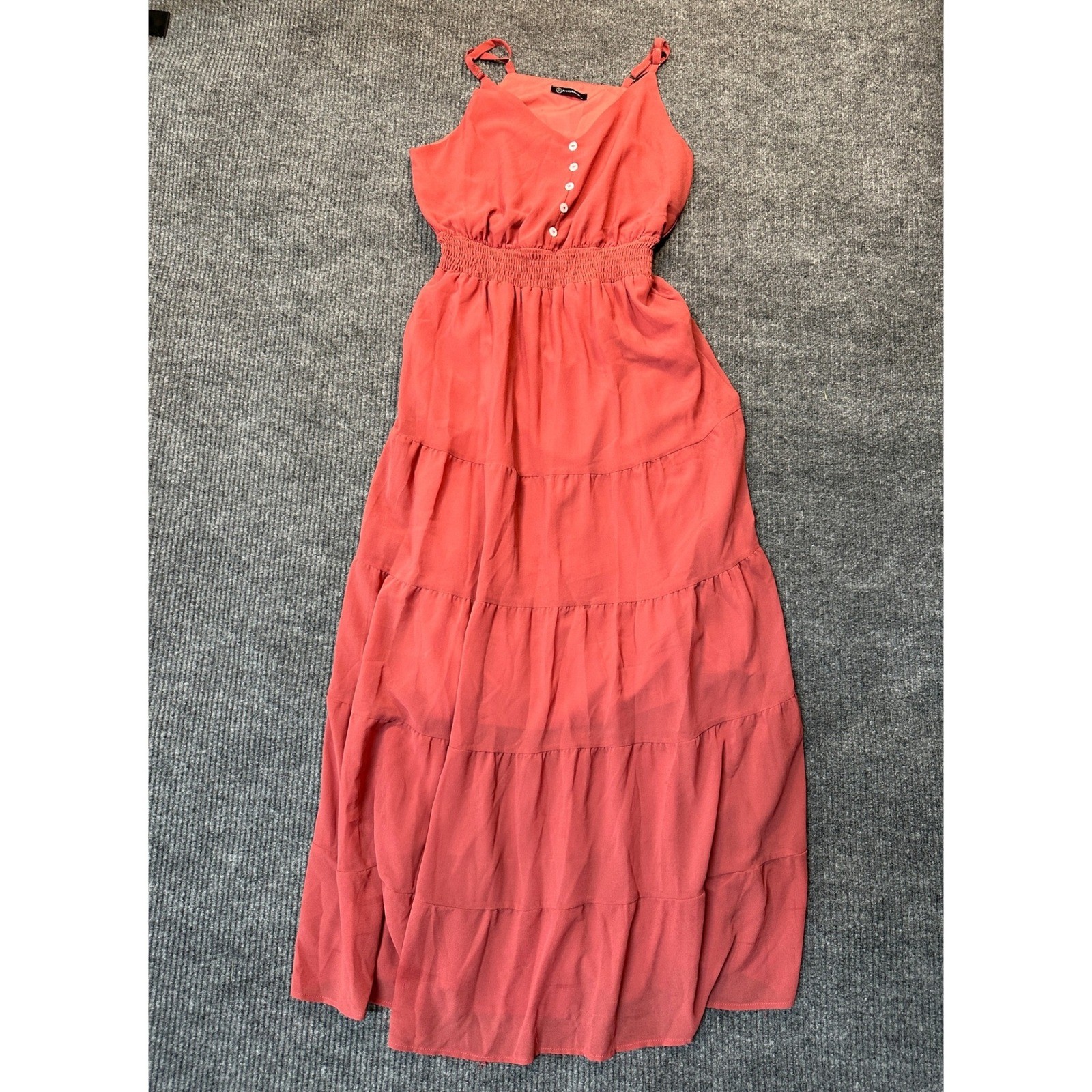 PrettyGarden Tiered Maxi Dress Medium Coral Pink Smocked Waist Chiffon