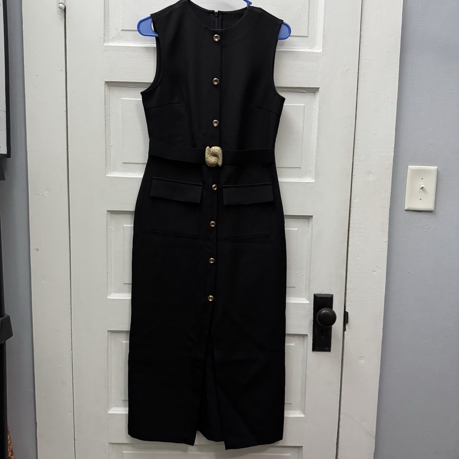 Commense Black Sleeveless Midi Dress Gold Buttons Belted Pockets Size S NWT