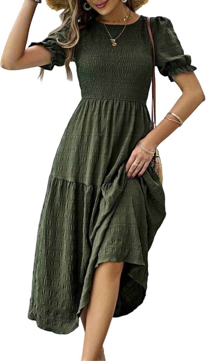 Women’s Casual Dress Ruffle Puff Short Sleeve Dress Shirred Maxi Dress M Size