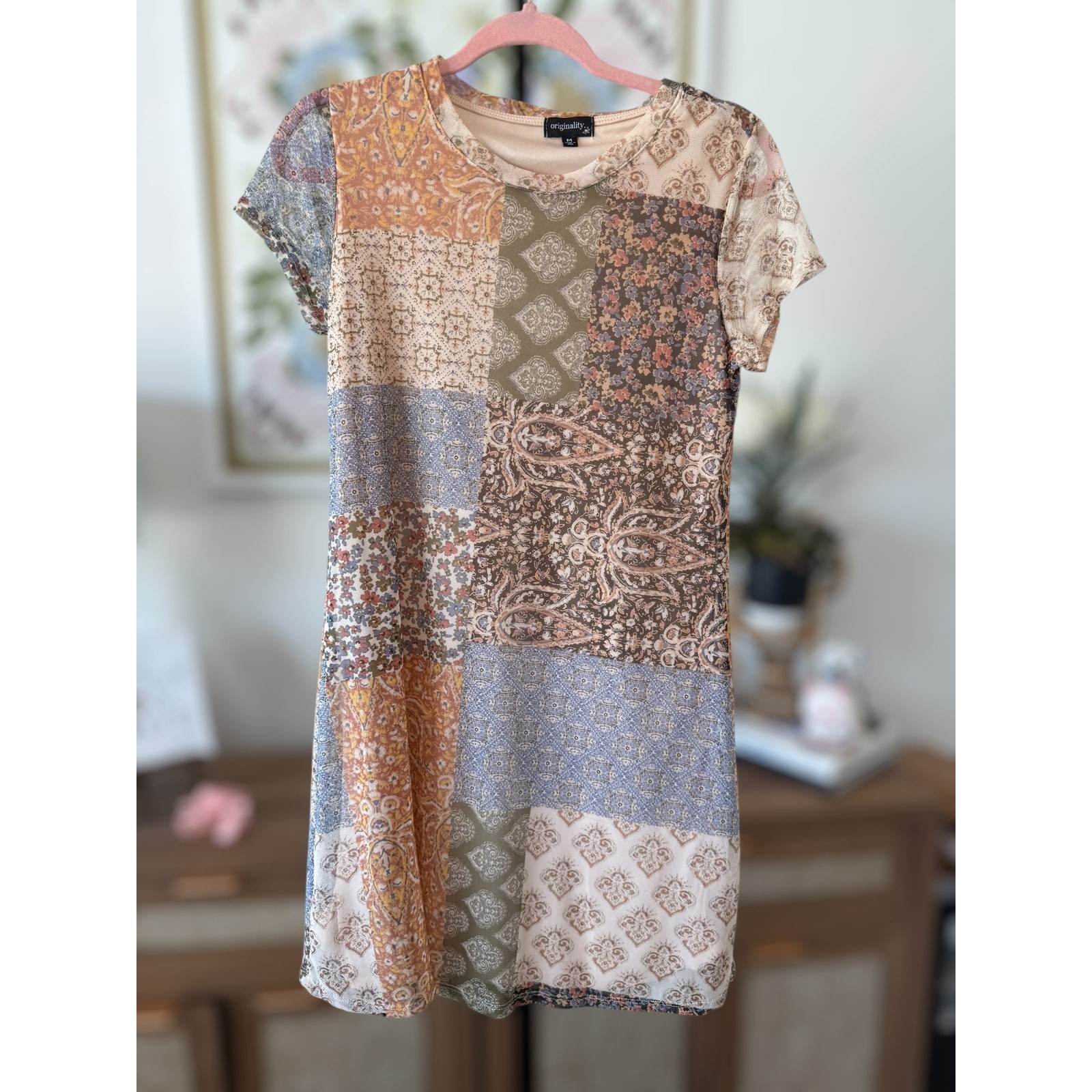 Originality Short Sleeve Mesh Patchwork Mini Dress Multicolor Womens Size Medium