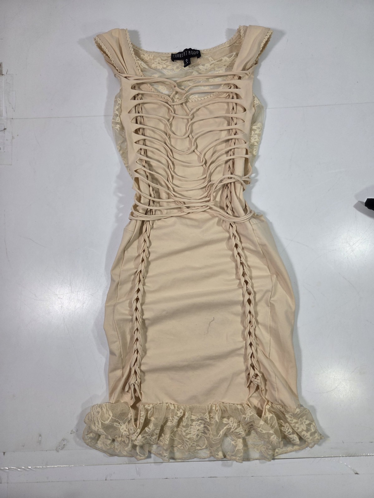 Dolls Kill Current Mood Beige Lace Braided Mini Dress Sz S Dystopian Grunge Y2K