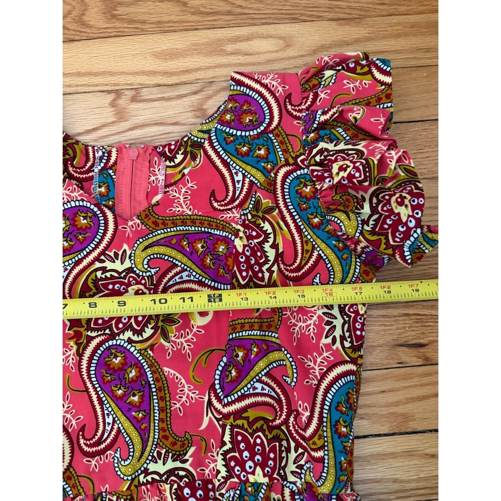 Pink Paisley Tiered Ruffle Sleeve Fit & Flare Cotton Dress Sz S: Boho, Party