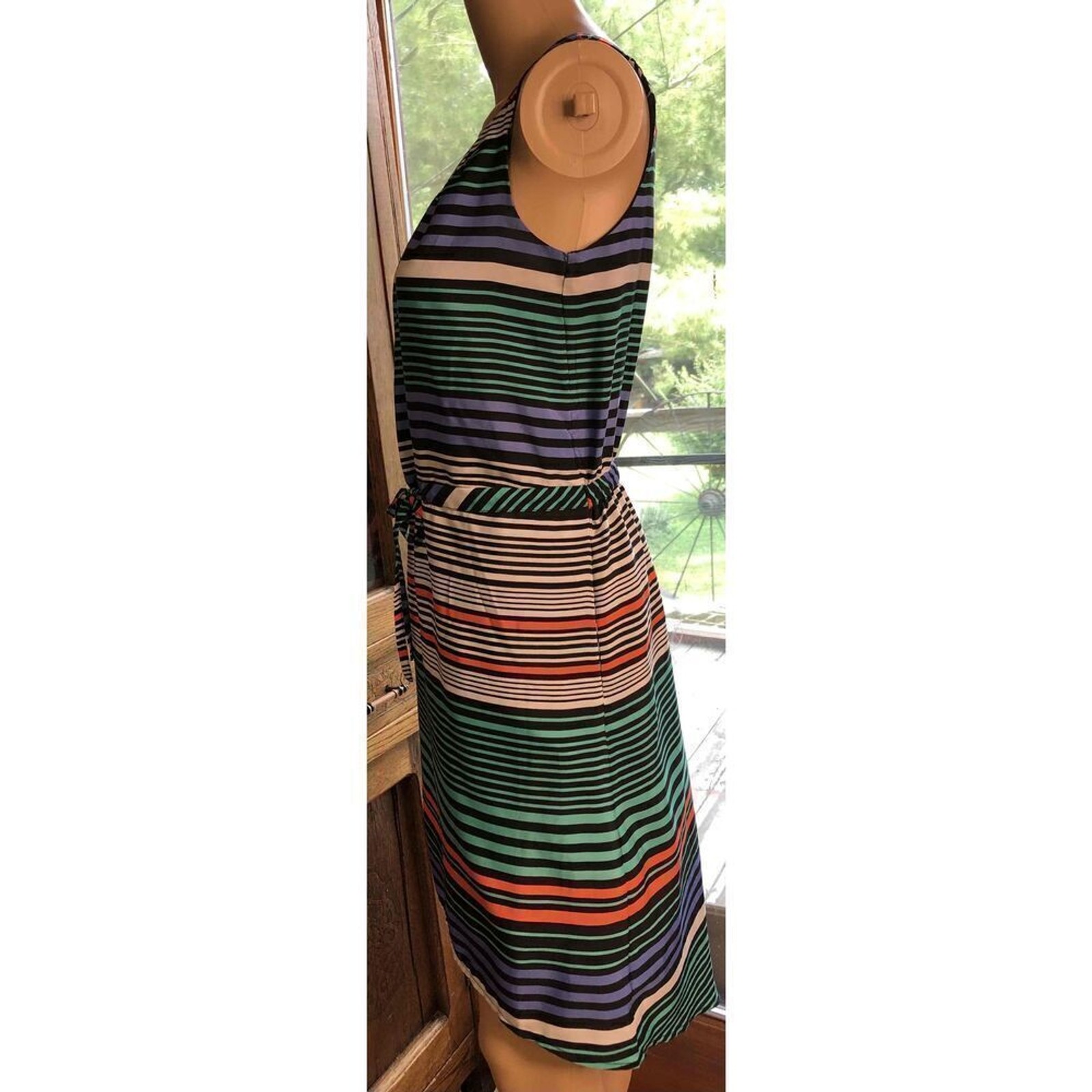 Merona Green Orange Striped Sleeveless Sundress V Neck Waist Tie Good Size xs