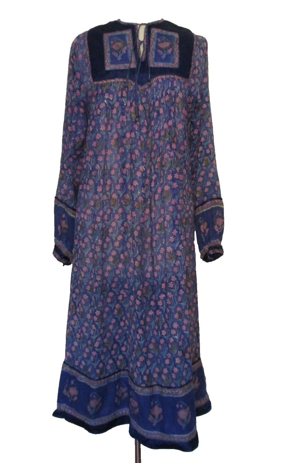 Vintage 70s Her Excellency INDIA Cotton Block Print Hippy Peasant DRESS S Women