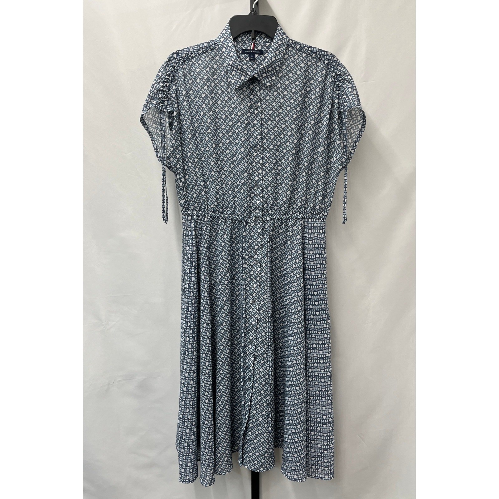 Tommy Hilfiger Blue Monogram Button Front Midi Dress Size M Preppy Workwear