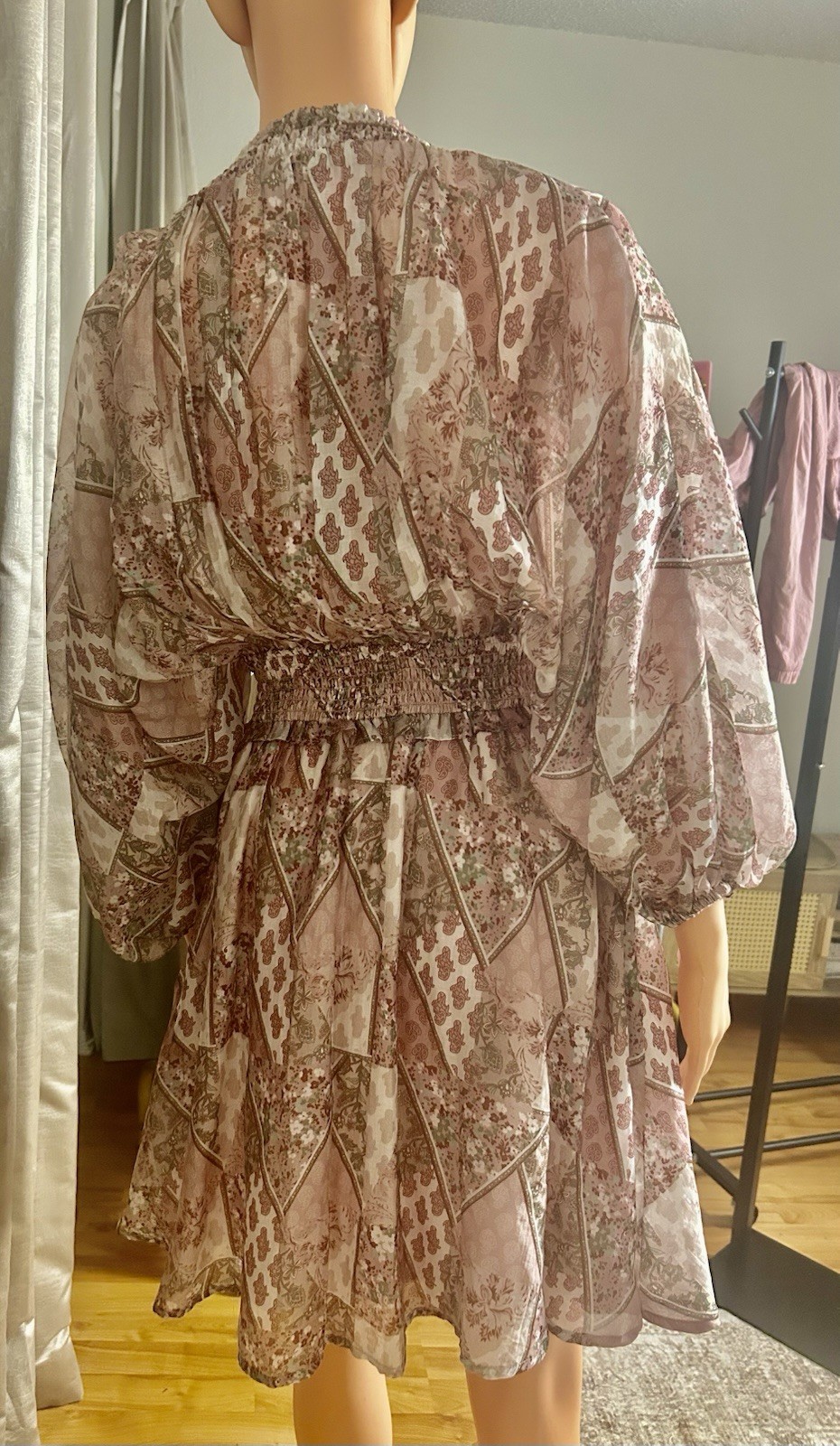 Melloday Blush Sage Geometric V-Neck Smocked Fit & Flare Mini Dress S