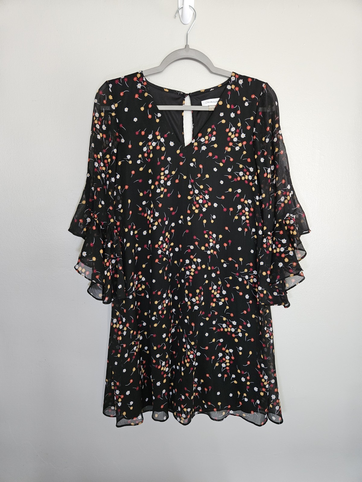 Calvin Klein Black Midi Dress Multicolor Floral Tiered Flutter Sleeve Sz6 Autumn