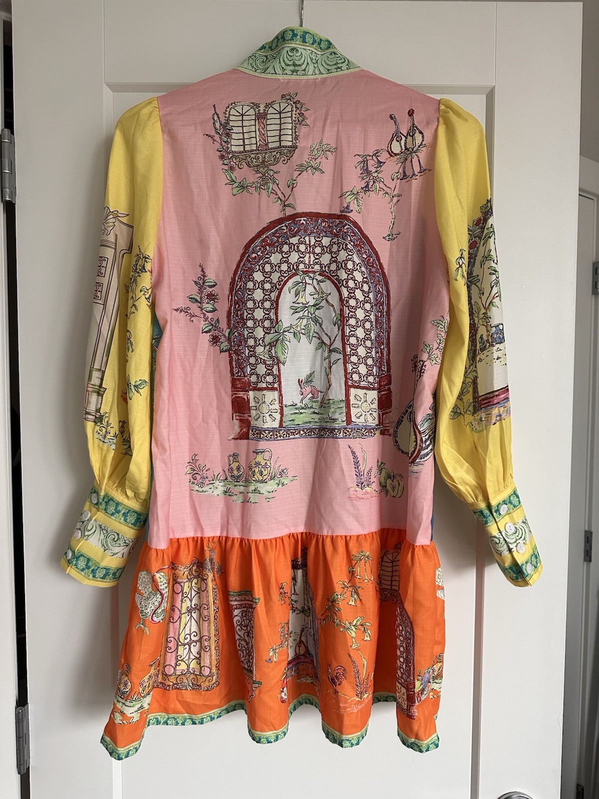 Eclectic Whimsical Botanical and Architectural Motifs Mini Dress Linen Blend NWT