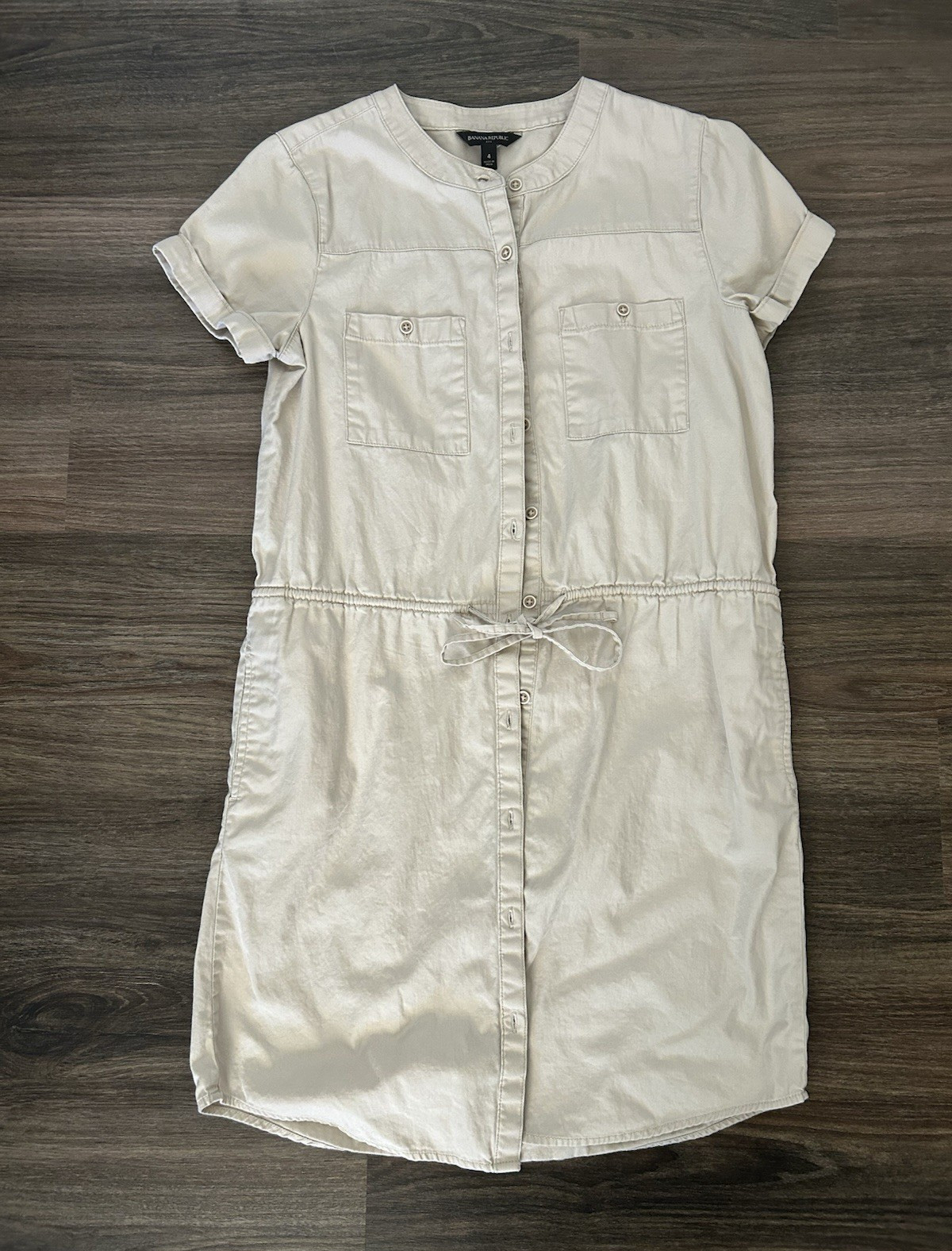 Banana Republic 4 Beige Cotton Woven Shirt Dress Short Sleeve Button Pockets