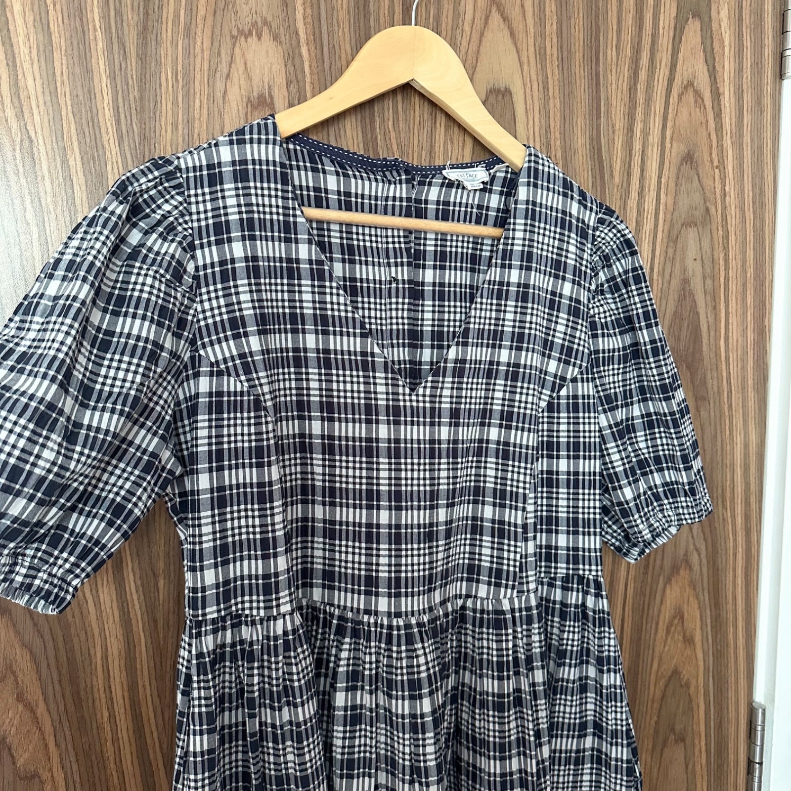 Fat Face Navy Gingham Check Puff Short Sleeve V Neck Pockets Midi Dress UK 14