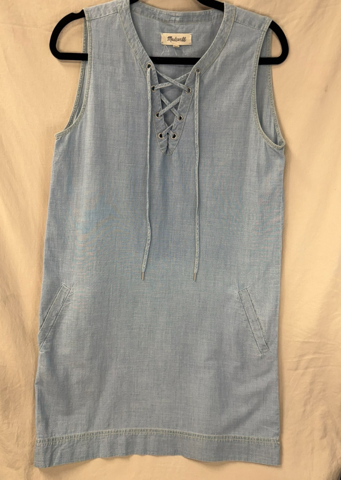 Madewell Chambray Lace Up Shift Dress Mini Blue Womens Cotton Sleeveless SMALL