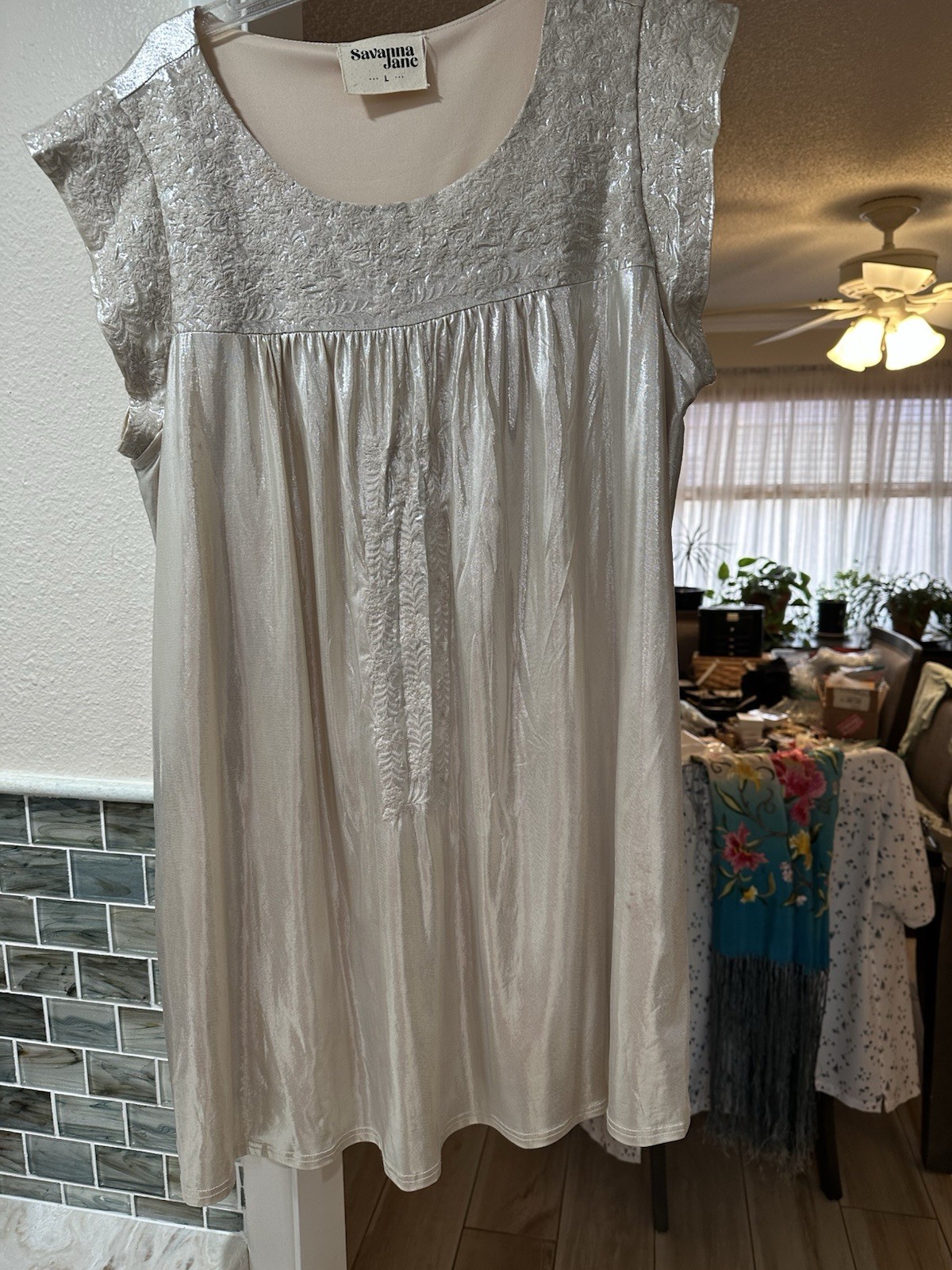 Savannah Jane Metallic Dress, Short, Champagne Lame, Boho Chic, L