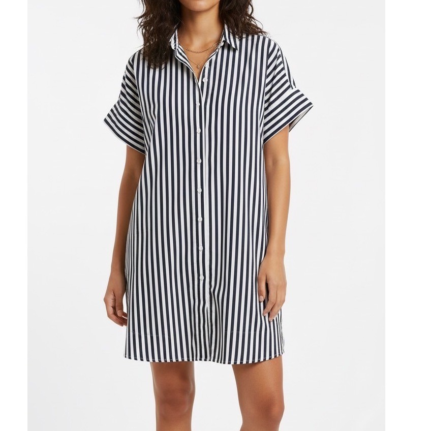 Loft Navy Blue White Striped Mini Shirt Dress XS 100% Cotton Summer Lightweight
