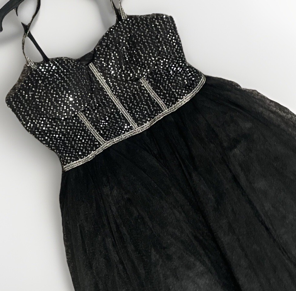 NEW Black Bustier Bodice Dress Size 8 Corset Fit & Flare Tulle Sequin Prom