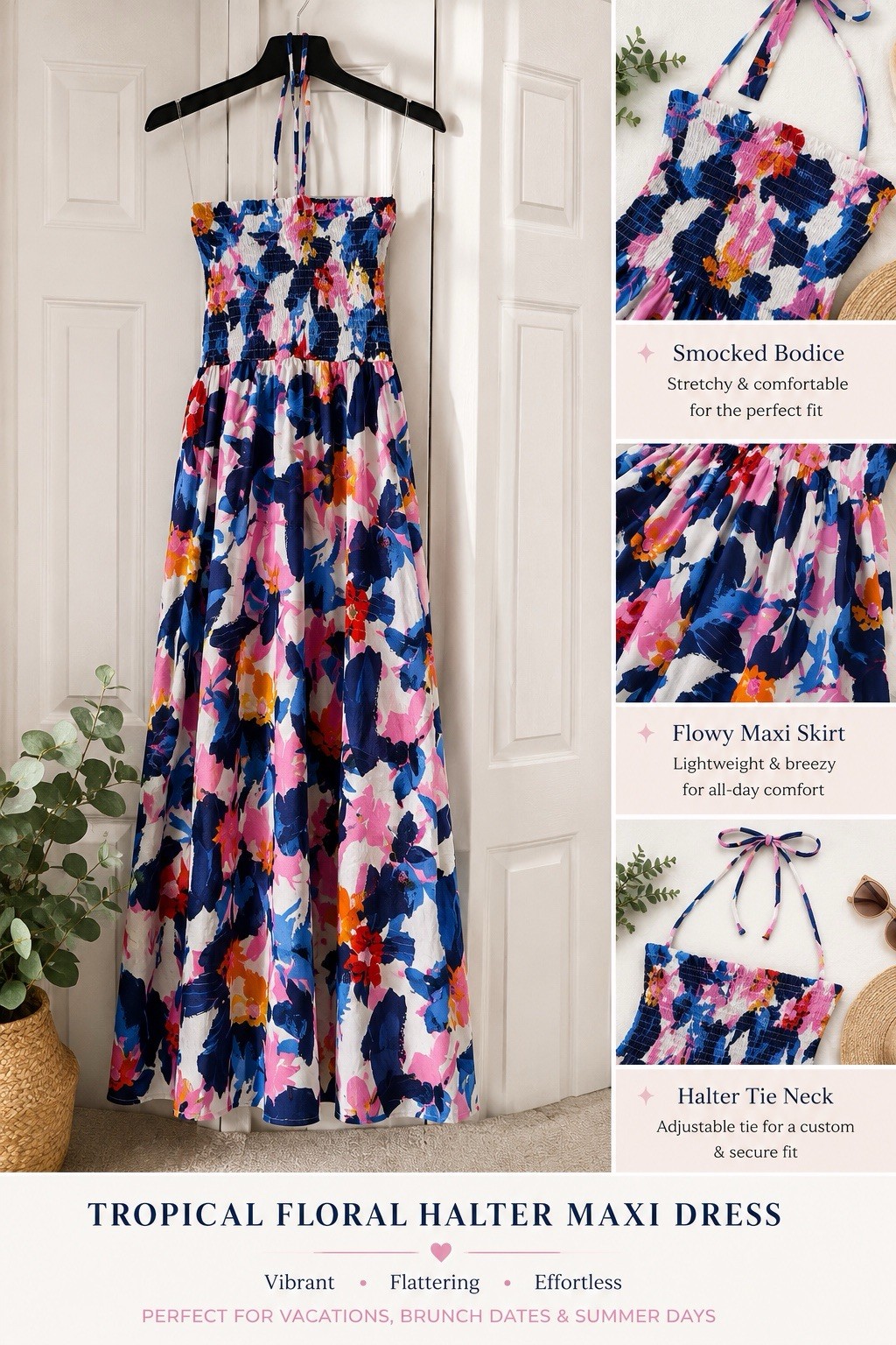 TJ Maxx Women’s S Multicolor Tropical Floral Halter Long Sundress Smocked Tie