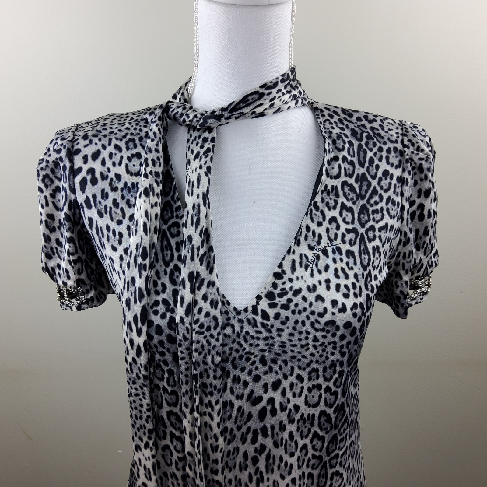 Roberto Cavalli Class Jaguar Print 100% Silk Rhinestone Sleeve Dress Size 40/6US