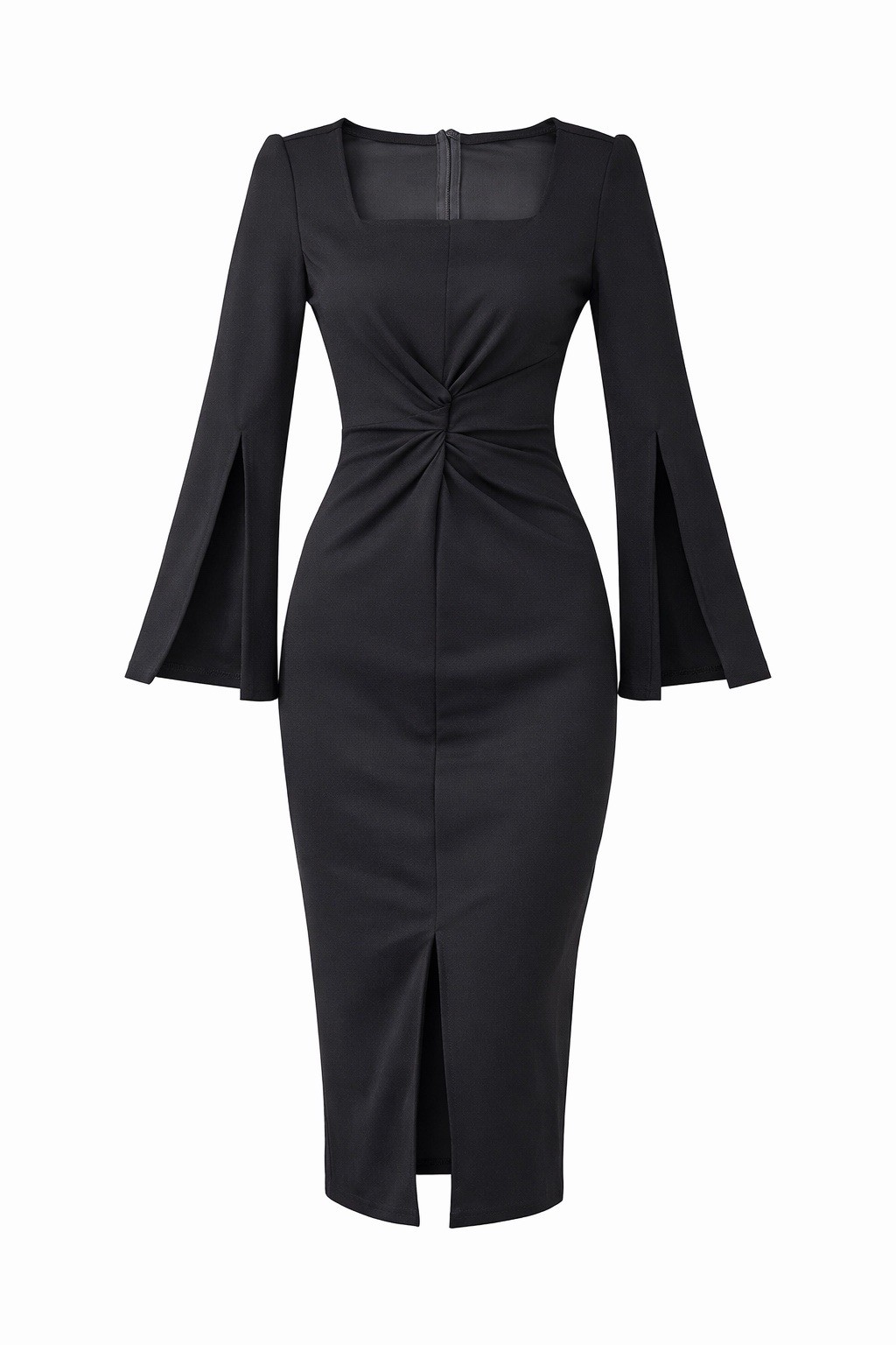 Black Midi Dress Twist Front Split Bell Sleeve Bodycon Stretch Flattering NWT S