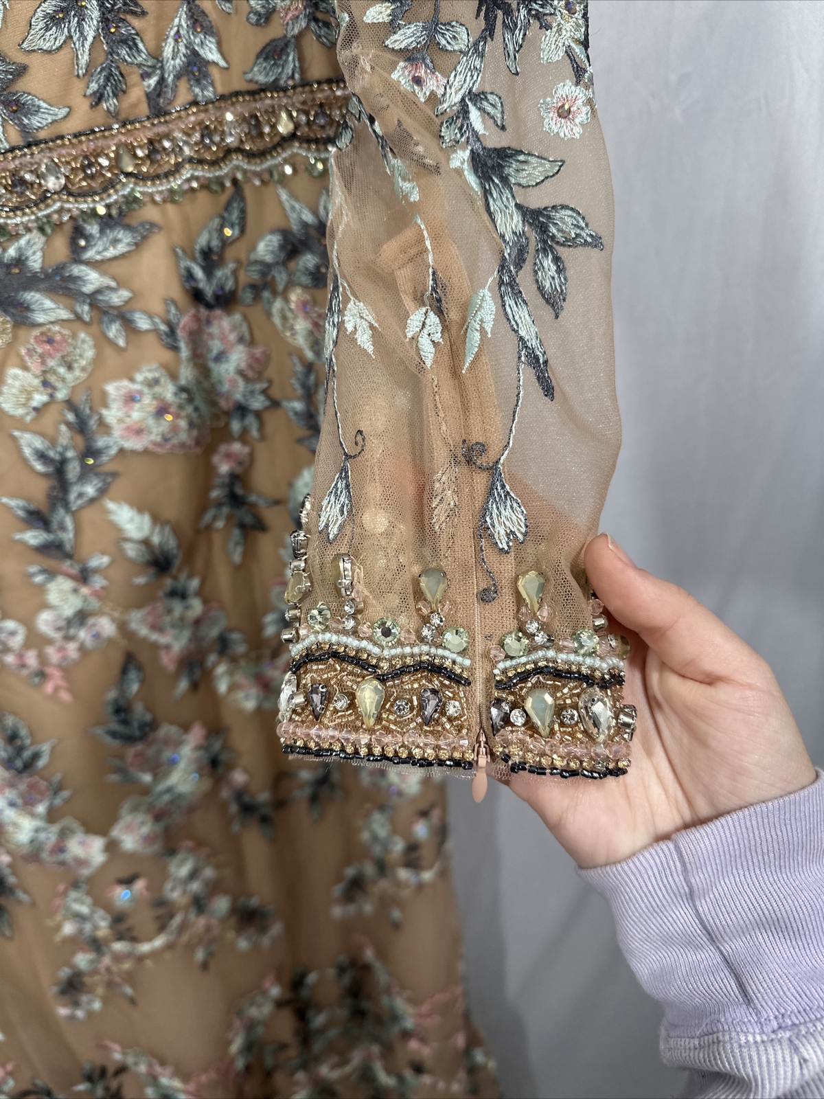 NWT $798 Mac Duggal [ 14 ] Floral Embroidered Long Sleeve Trumpet Gown Nude Q624