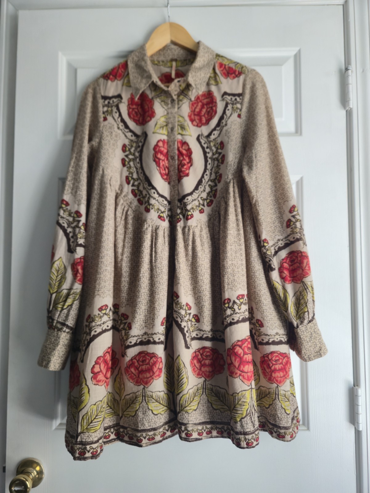 Free People Dress Duster Size S Smell the Roses Floral Snap Down Mini Pockets